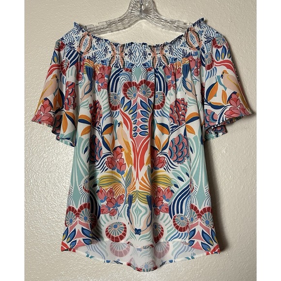 Flying Tomato Size M Tropical Off The Shoulder Boho Floral Bird Shirt - Picture 2 of 4